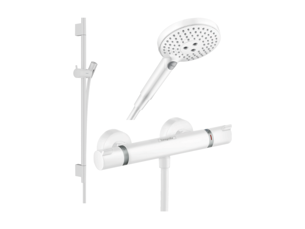 Ecostat thermostatic shower mixer pack, Unica flexible bar, Raindance 3-jet shower head, matte white