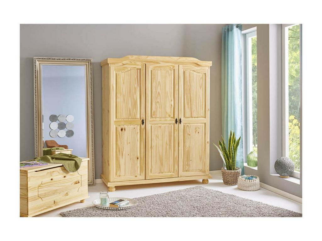 3-Door Wardrobe, Natural Solid Wood