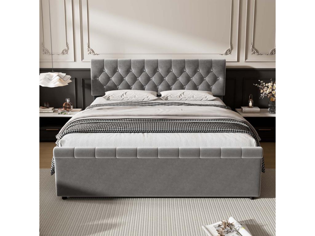 140x200cm velvet bed with 2 drawers - sled-shaped footboard - Grey