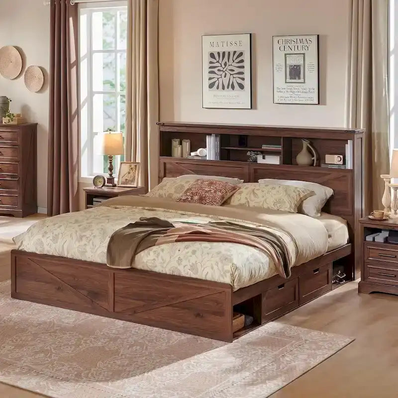 Farmhouse King Size Wood Bed Frame with Storage Headboard and Drawers