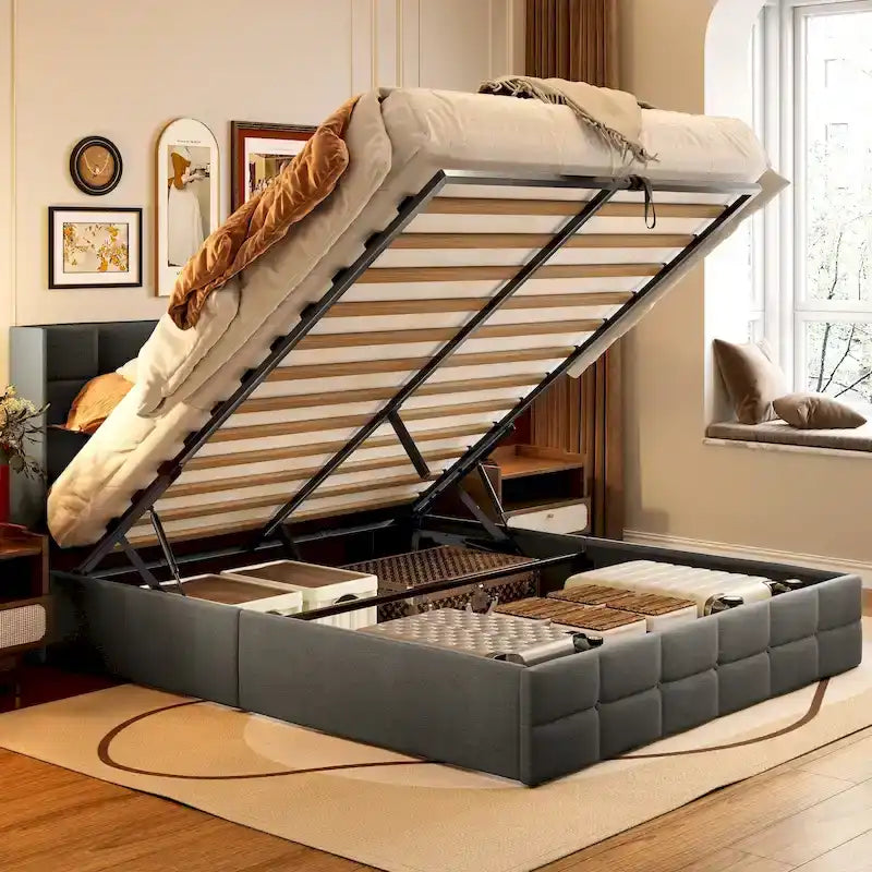 Full/Queen Lift Up Storage Bed with Storage, Upholstered Platform Bed Frame with Modern Wingback Headboard