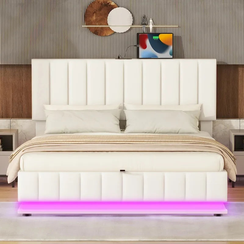 Lift Up Storage Platform Bed Frame, PU Leather Upholstered Low Profile Bed with Remote Control LED Lights, Sockets, USB Ports