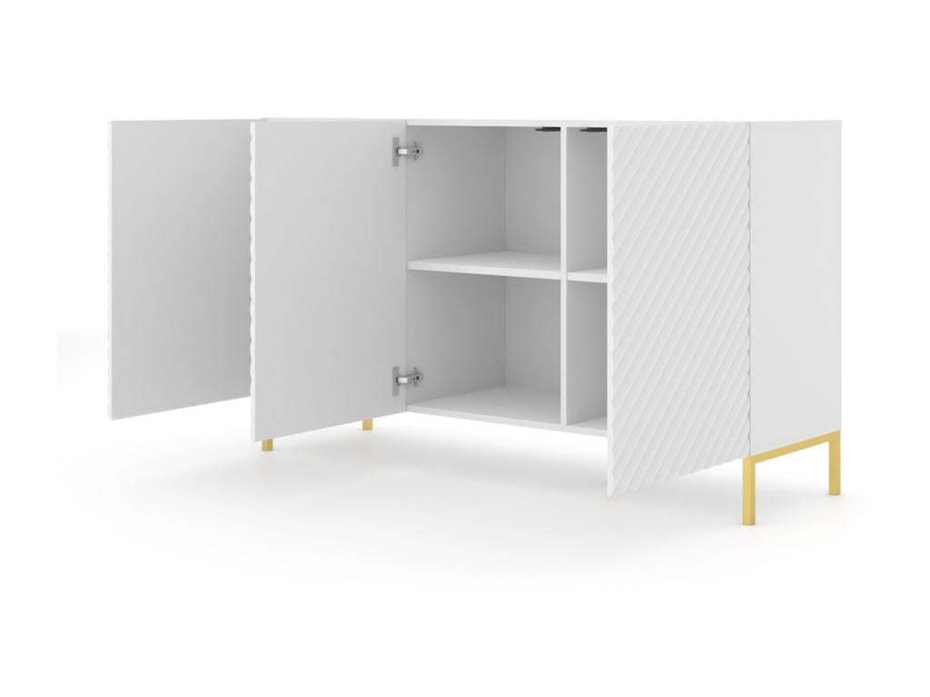 Chest of drawers 150 cm, 3D milled matte white, gold metal legs