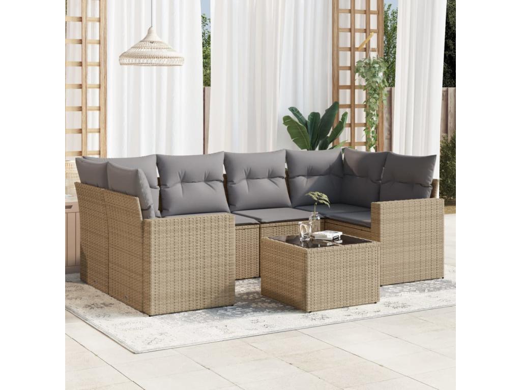 7-piece garden furniture set with cushions, beige woven resin