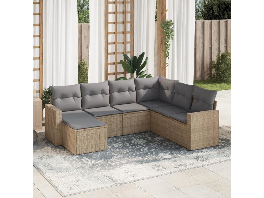 7-piece garden furniture set with cushions, beige woven resin