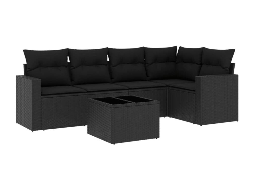 6-piece garden furniture set with cushions, black woven resin