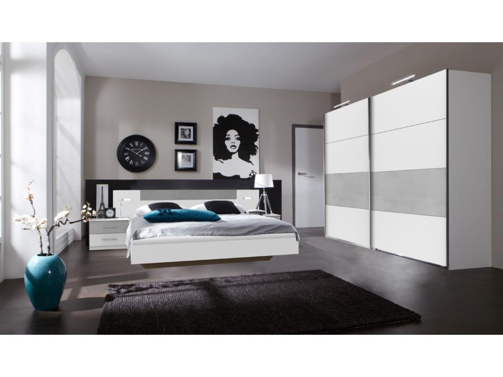Adult bedroom set: Bed with lighting in white with light grey concrete-effect trim