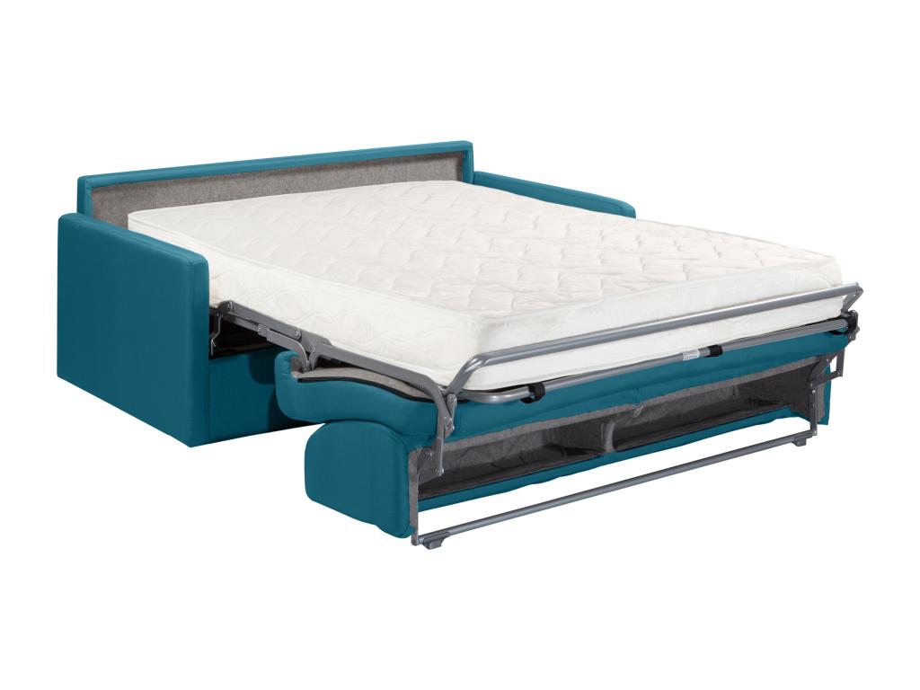 3-seater sofa bed with express conversion in turquoise blue fabric - 140cm wide sleeping area - 18cm mattress
