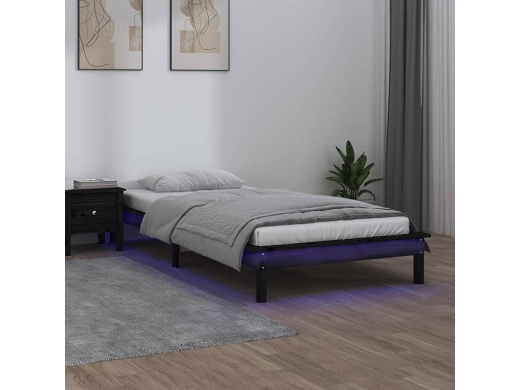 Black LED bed frame (mattress not included) 100x200 cm solid wood