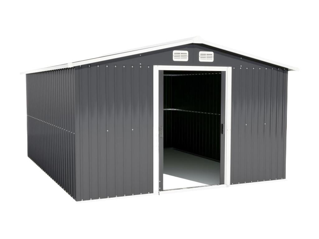 Galvanized steel metal garden shed with sloping roof and lockable door, 334x313x202cm, Grey