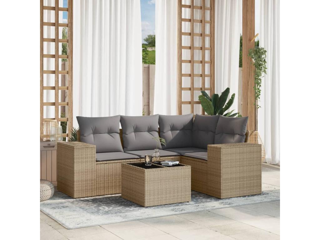 5-piece garden furniture set with cushions, beige woven resin