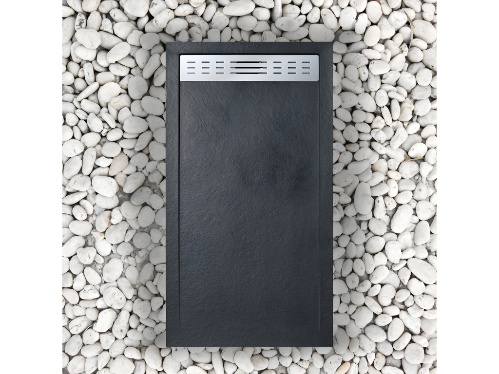 80x165 cm shower tray with side grate, Extra Slim black, made of synthetic resin and marble powder, with drain