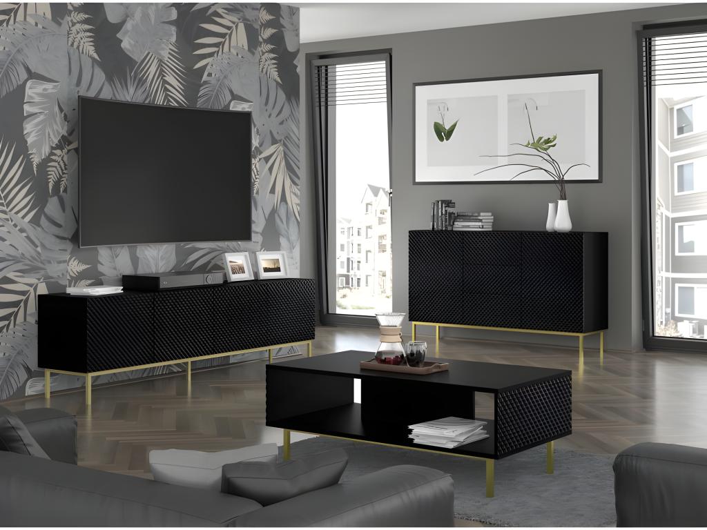TV stand/Hi-Fi unit on legs, matte black, 200x42x58cm, Ravi C Diamond framed gold base