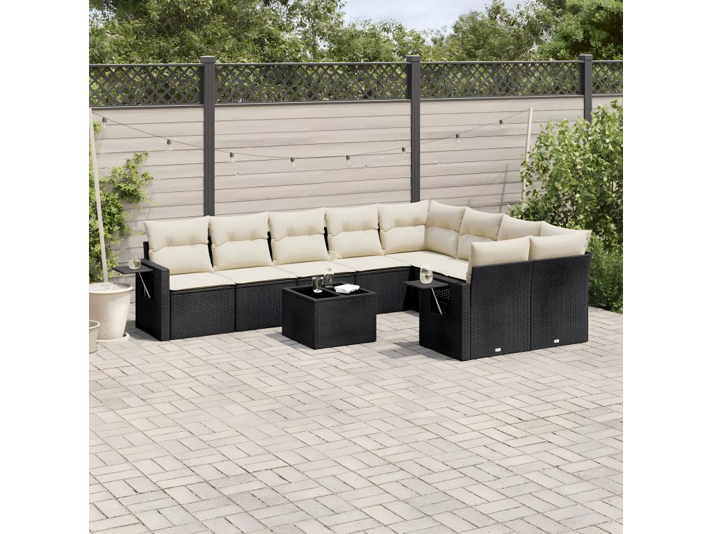 10-piece garden furniture set with cushions, black woven resin