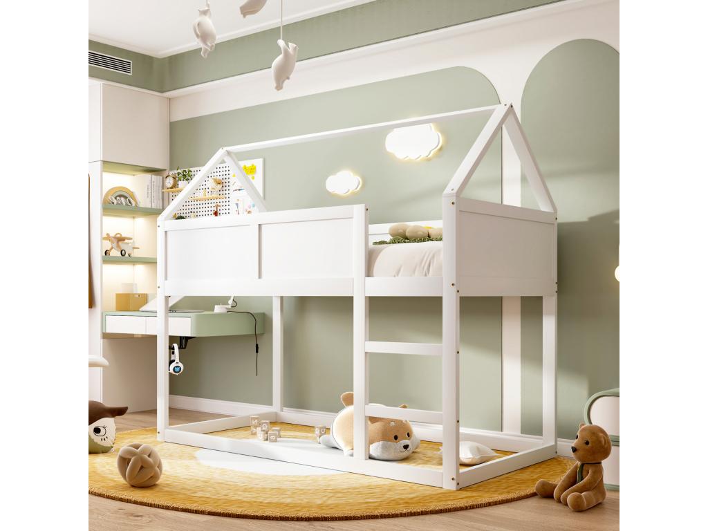 Bunk bed 90x200cm children's cabin bed with stairs and 1x slatted base on top, solid white wood frame