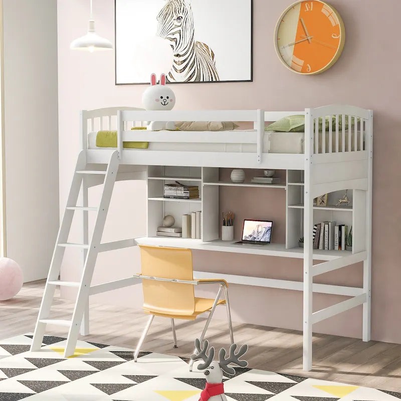 Nestfair Twin Size Loft Bed with Storage Shelves Desk and Ladder