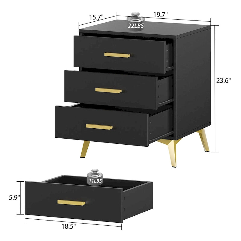 23.6 Tall 3 Drawer Nightstand End Table Beside Gold Handle