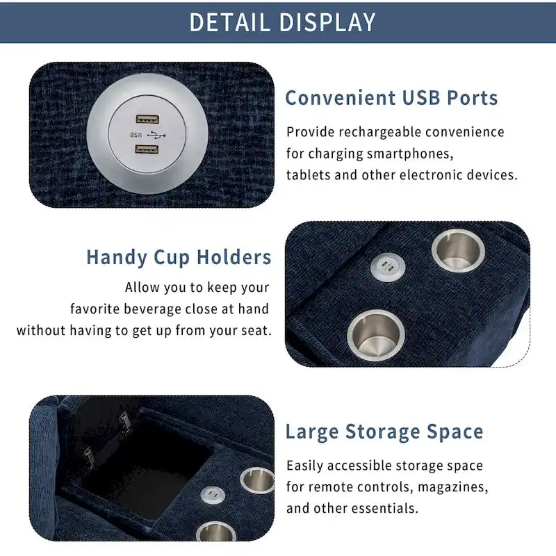112.6 Sectional Sofa Chenille Upholstered Sofa with Two Removable Ottoman, Two USB Ports, Two Cup Holders and Large Storage Box