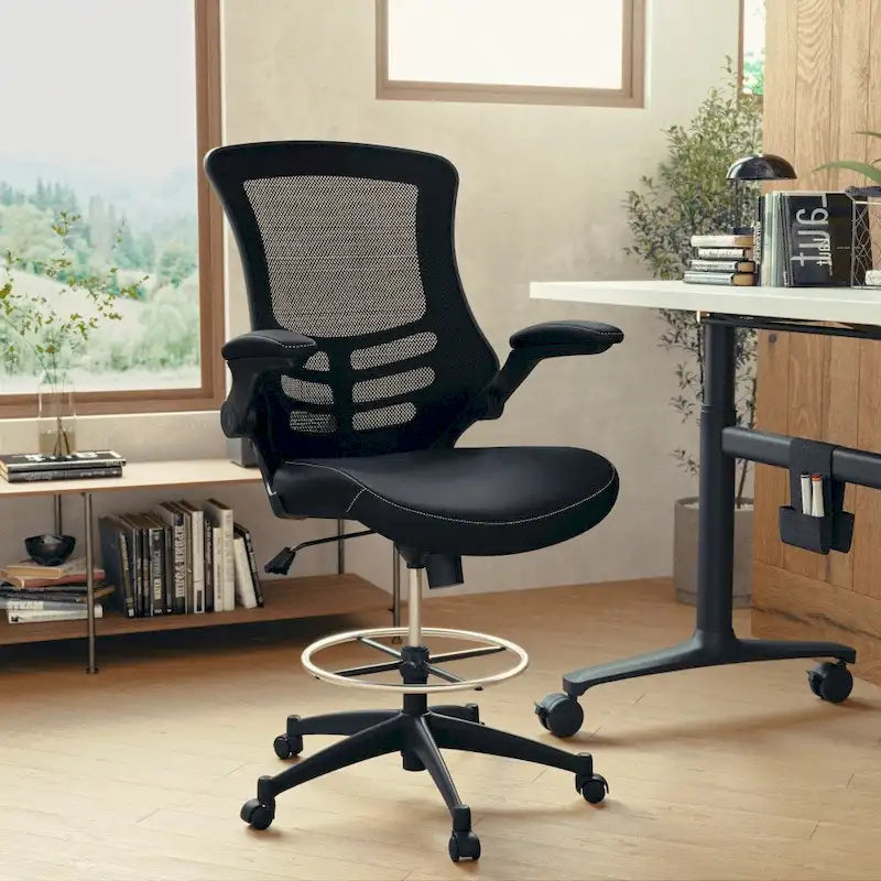 Mid-Back Ergonomic Drafting Chair with Adjustable Foot Ring and Flip-Up Arms