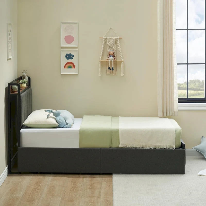 Upholstered Platform Bed Frame with Storage Headboard and Charging Station