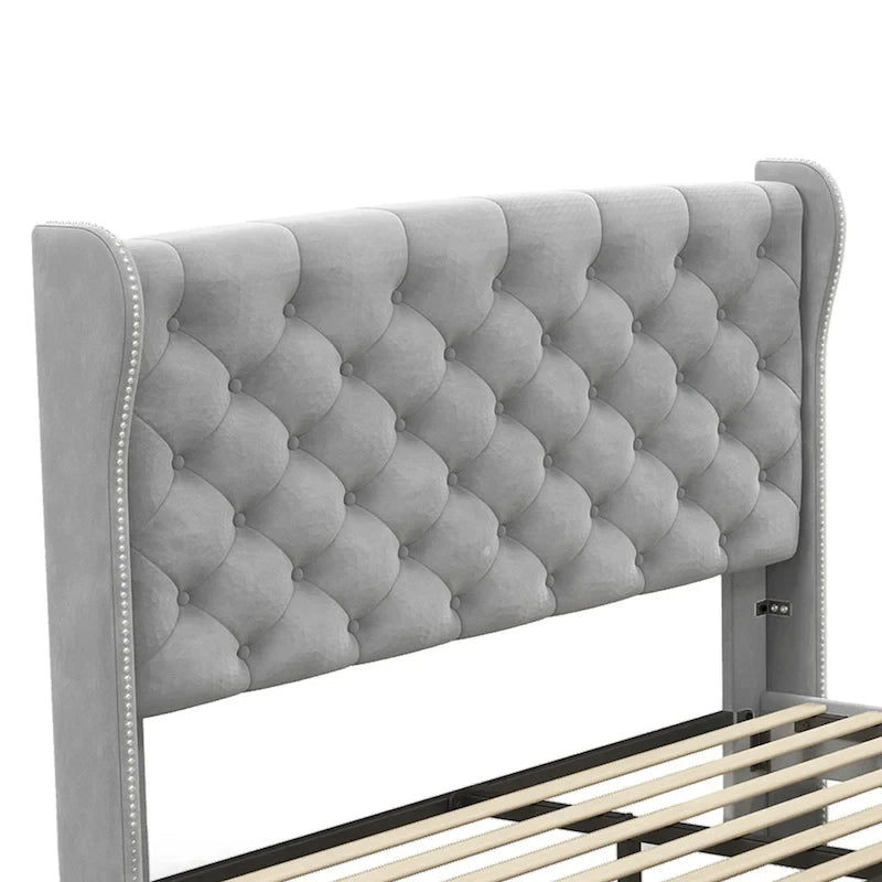 Moasis King Velvet Tufted Upholstered Wingback Platform Bed Frame with Headboard and Footboard