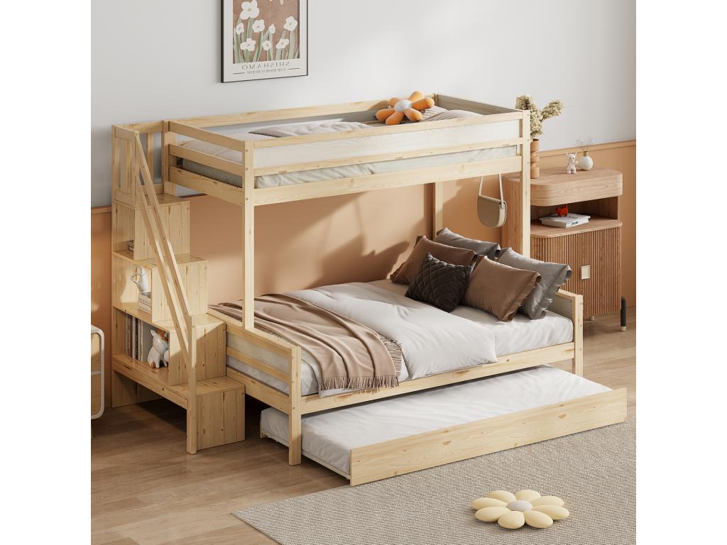 Children's bunk bed 90x200 and 140x200cm with trundle bed 90x190cm, slatted base with steps and shelf in natural wood