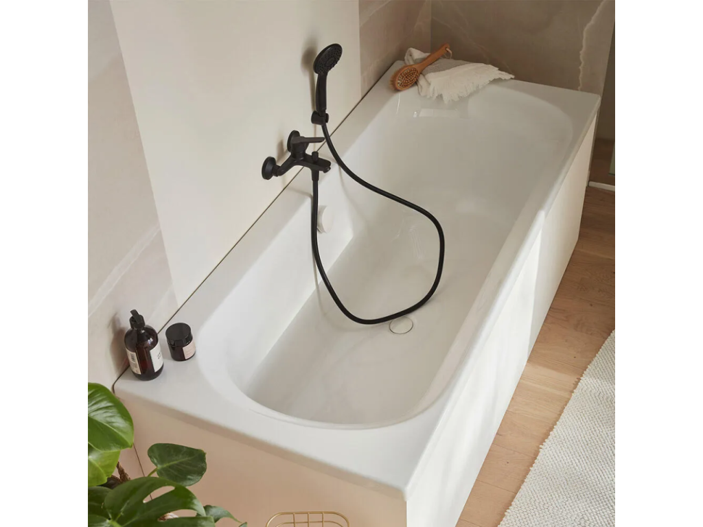180x80cm straight bathtub pack, shower head and mixer tap, matte black, chrome bath screen, drain