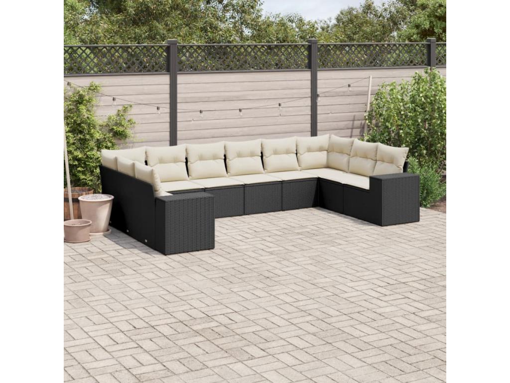 10-piece garden furniture set with cushions, black woven resin