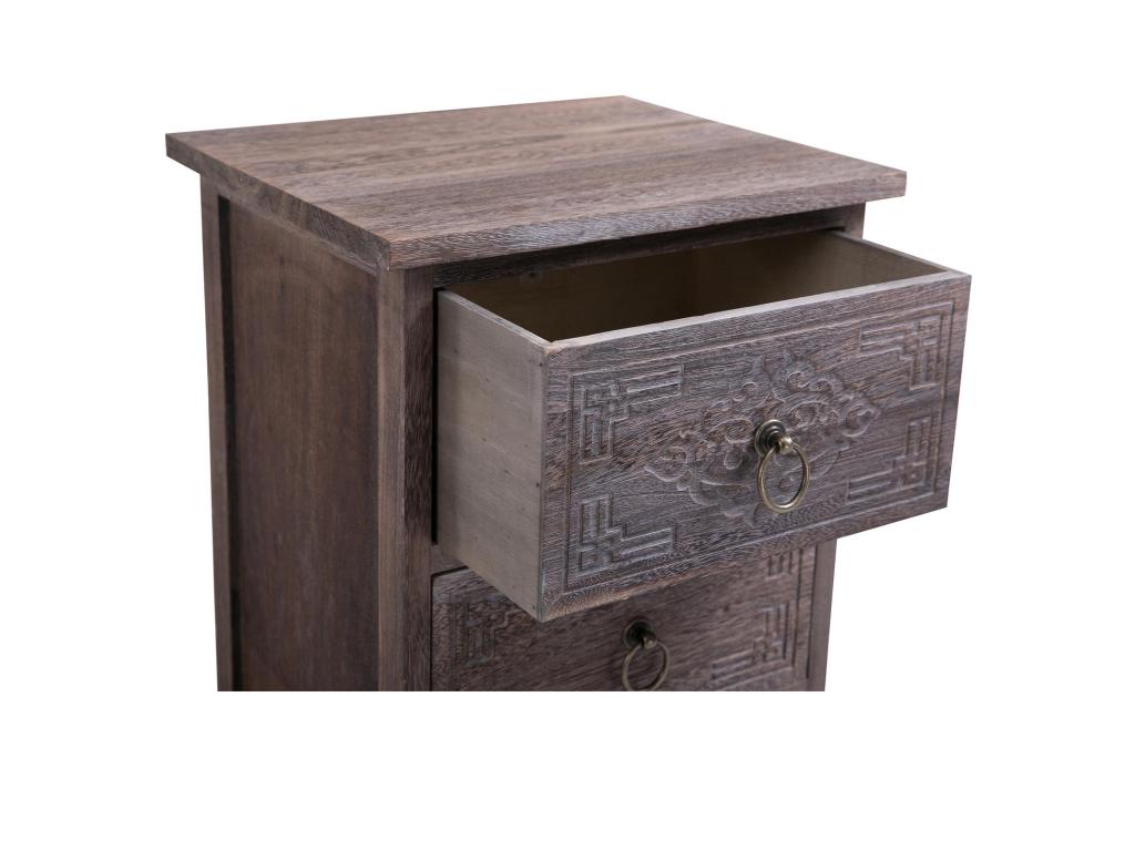 Bedside table/nightstand with 2 drawers in brown-grey paulownia wood, vintage ethnic bohemian style with engravings