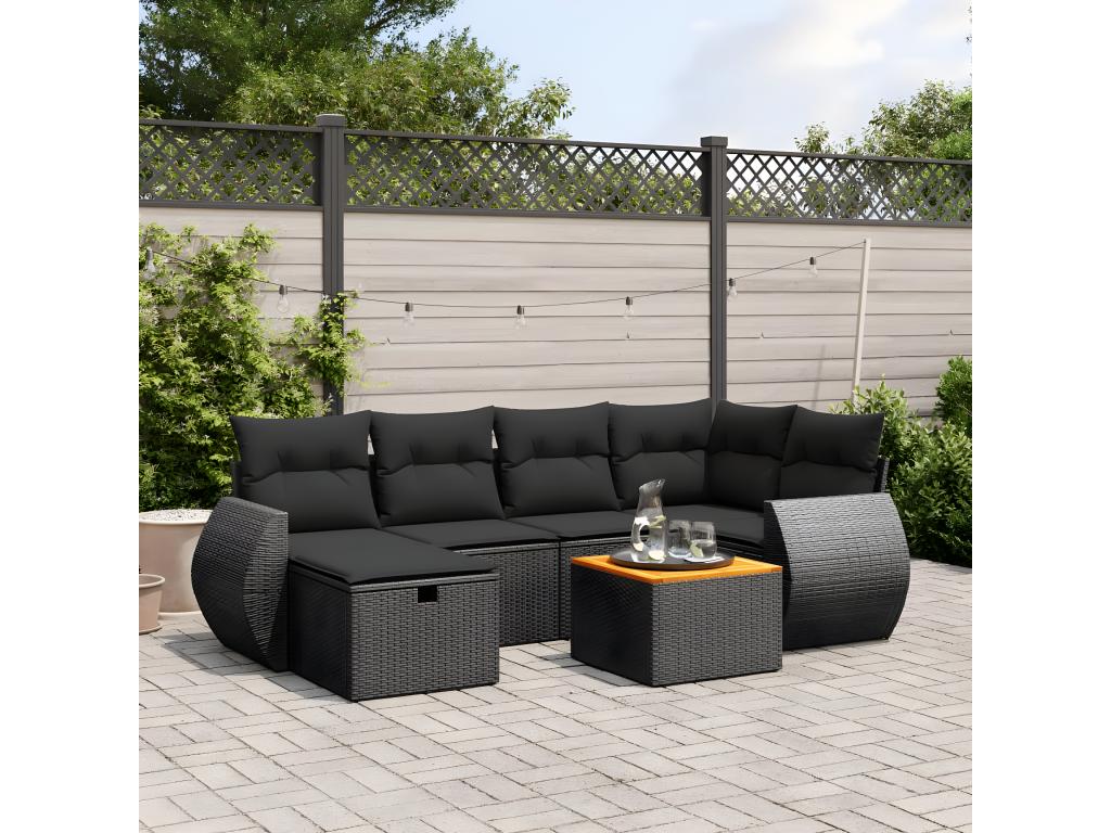 7-piece garden furniture set with cushions, black woven resin