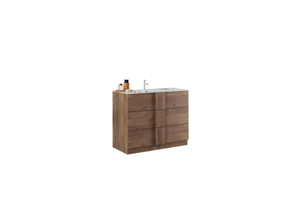 Bathroom vanity unit with 1 sink and 3 drawers, 101cm long, Frassi collection - Light oak finish