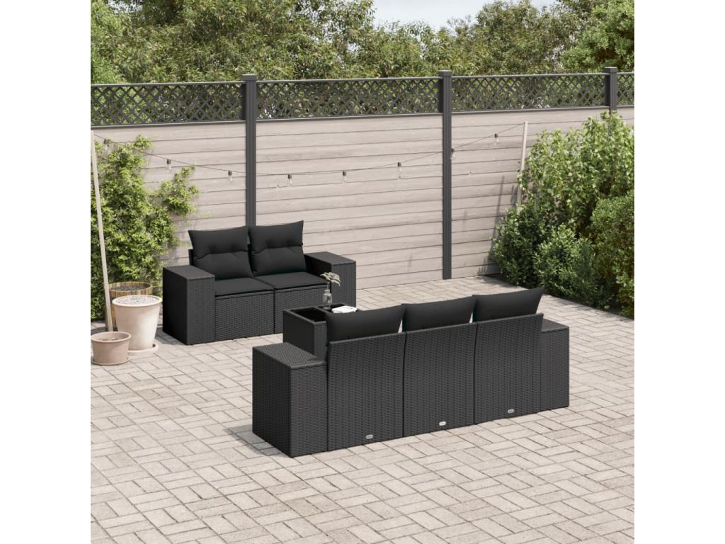 6-piece garden furniture set with cushions, black woven resin