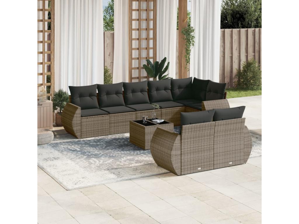 9-piece garden furniture set with grey resin wicker cushions