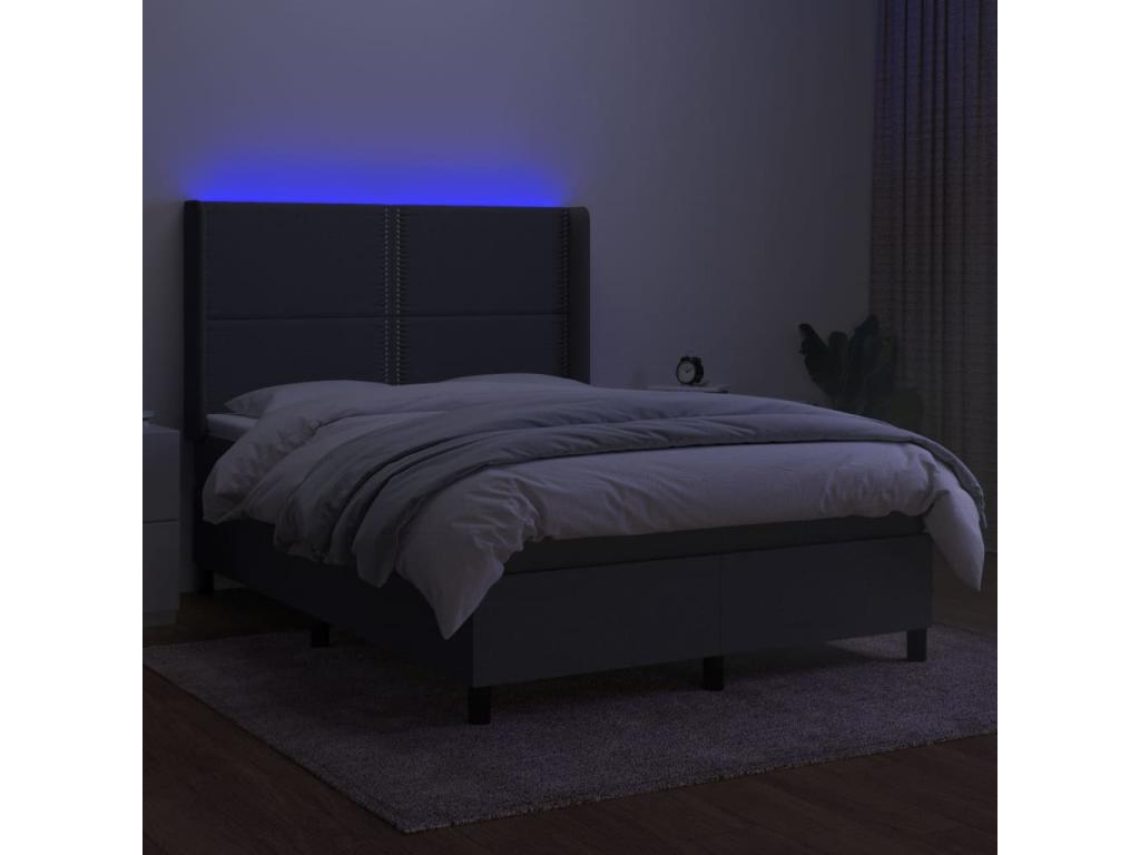Upholstered bed base and mattress with LED lighting, dark grey, 140x190 cm, fabric