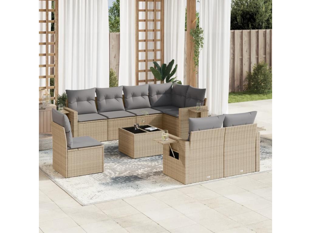 9-piece garden furniture set with cushions, beige woven resin