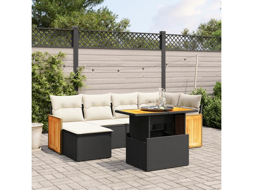 7-piece garden furniture set with cushions, black woven resin
