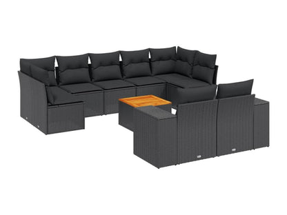 10-piece garden furniture set with cushions, black woven resin