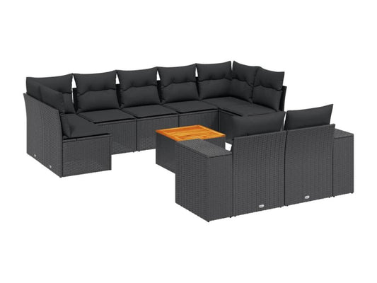 10-piece garden furniture set with cushions, black woven resin