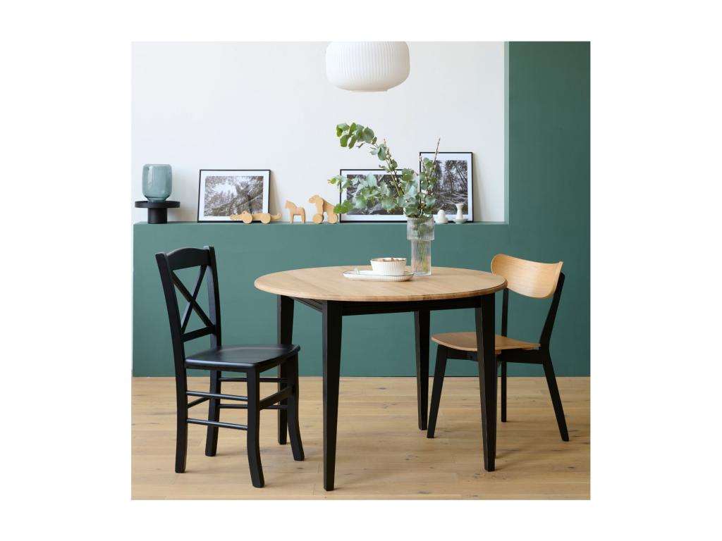 Round wooden table, 115 cm diameter, with 1 extension leaf and tapered legs - Victoria
