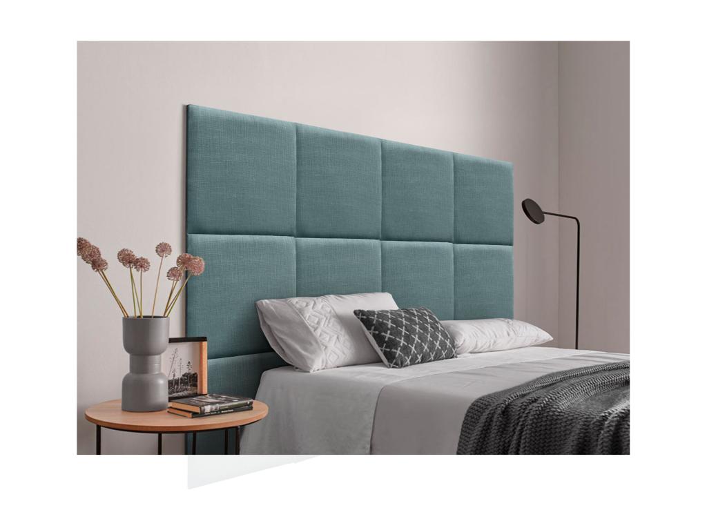 Upholstered headboard in natural linen, composed of interchangeable self-adhesive panels, for a luxurious, turquoise, padded bedroom, 80 cm