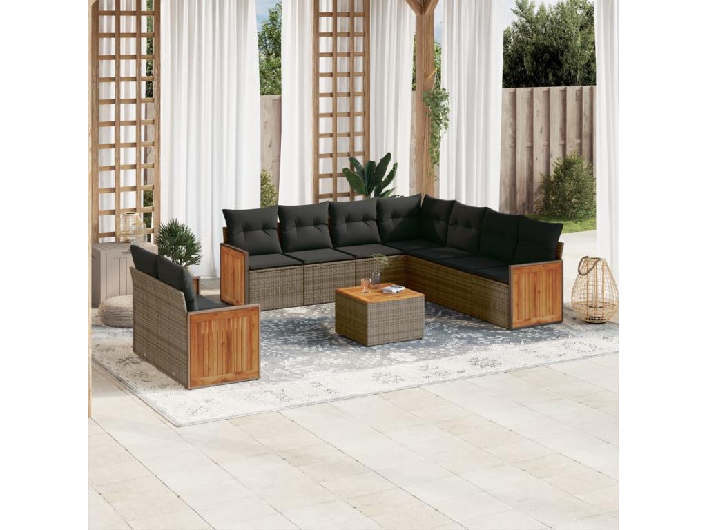 10-piece garden furniture set with cushions, grey woven resin