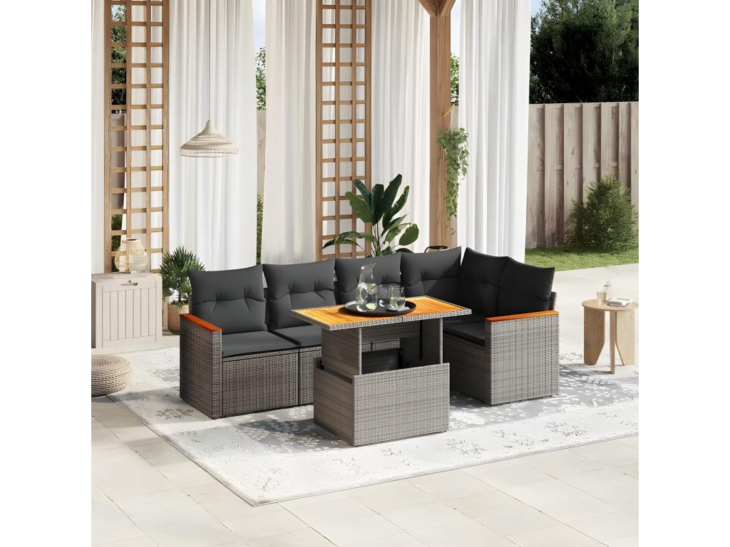 6-piece garden furniture set with grey resin wicker cushions