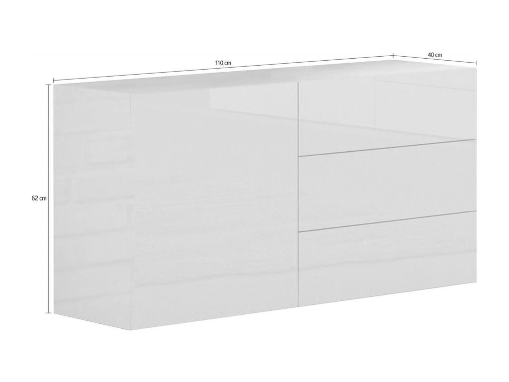 Kitchen sideboard with 1 door and 3 drawers, living room sideboard, kitchen sideboard, Made in Italy, 110x40x35 cm, glossy white