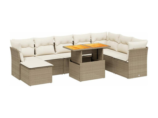 9-piece garden furniture set with cushions, beige woven resin