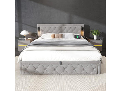 180x200 Upholstered bed with auxiliary lighting and USB port, double storage bed, grey linen