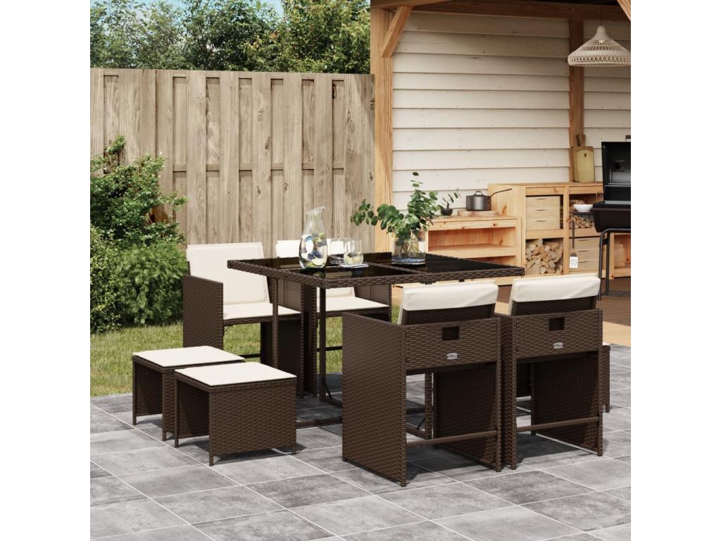 9-piece brown poly rattan garden dining set and cushions