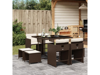 9-piece brown poly rattan garden dining set and cushions