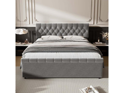 140x200cm velvet bed with 2 drawers - sled-shaped footboard - Grey