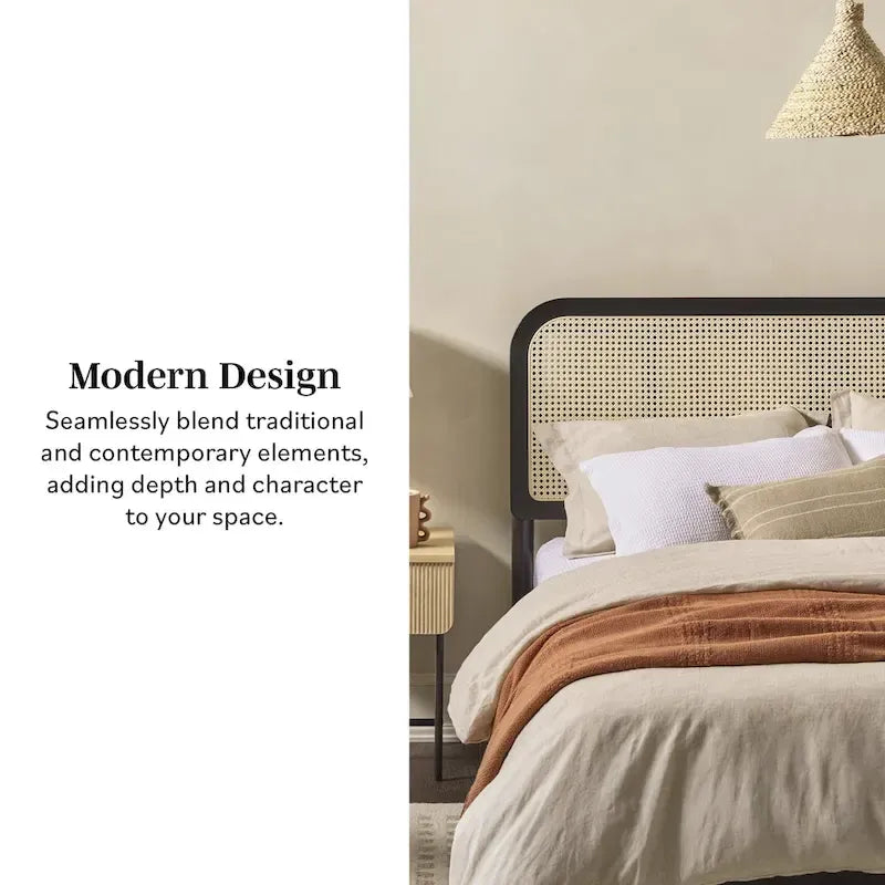 Middlebrook Designs Boho Curved Rattan Headboard Queen Bedframe