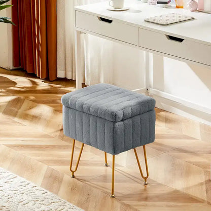 Vanity Stool Chair with Storage, Ottoman Faux Fur Soft Padded Makeup Footstools Seat with 4 Metal Legs Anti-Slip Adjustable Feet